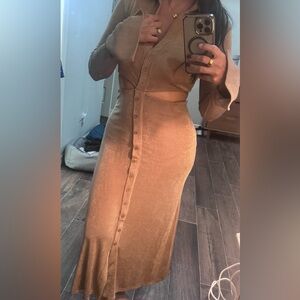 Olivaceous Tan Button-Down Pencil Dress